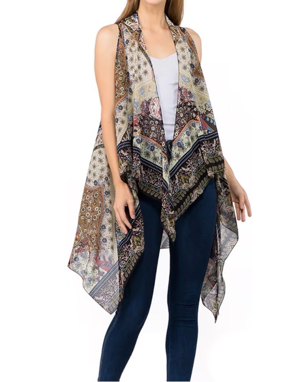 Boho Floral Patchwork Sleeveless Drape Vest - Neutral Multi‎ Color Womens S/M